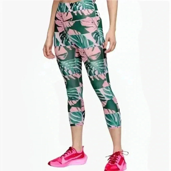 NWOT NIKE DRI FIT PINK TROPICAL LEAF SPANDEX LEGGINGS 🌴 - Picture 1 of 3